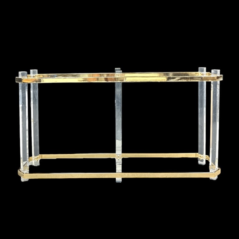 A vintage modernist gilt brass and clear acrylic rectangular table. No top. Measures approx. 27" (1 of 2)