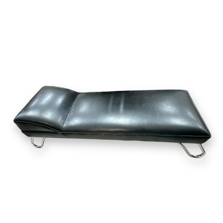 Vintage Kem Weber Streamline Modernist chrome leg and black leather upholstery chaise lounge.: Vintage Kem Weber Streamline Modernist chrome leg and black leather upholstery chaise lounge. Measures approx. 14" height x 68" length x 28" width. Appears in overall good condition. JD/B13