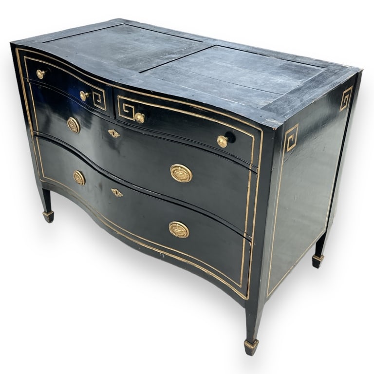 Vintage black painted wooden chest of drawers having a recessed gilt accent Greek Key Meander (1 of 5)