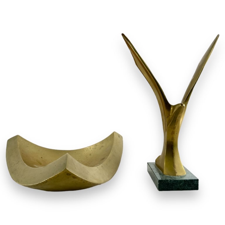 A lot of 2 vintage modernist gilt brass items to include a bird on green marble base and a (1 of 5)