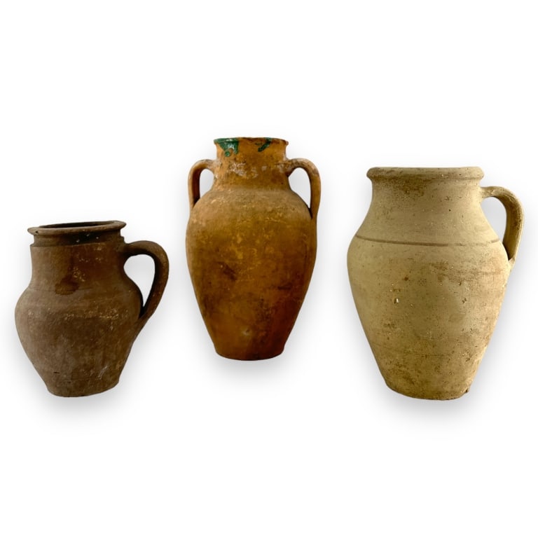 Lot of three vintage, possibly antique, stoneware pottery handled items to include two pitchers and (1 of 3)