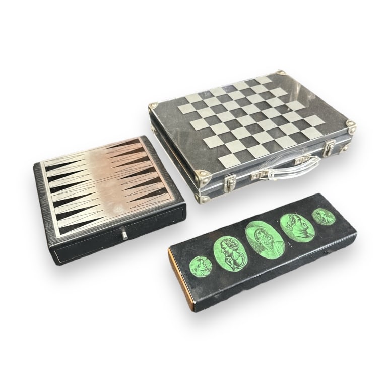 A lot of three items to include an acrylic chess set, acrylic backgammon set and a metal & wood box (1 of 3)
