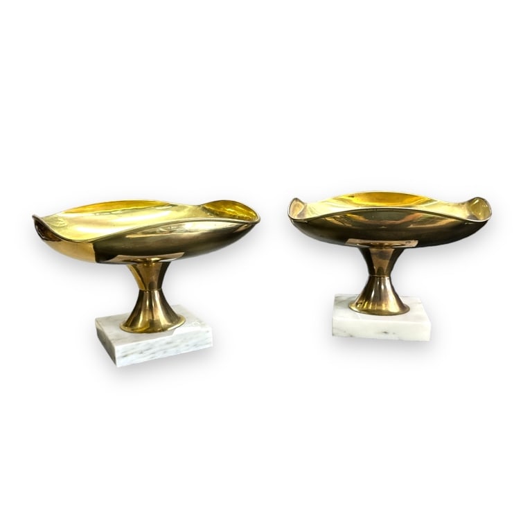 A pair of vintage brass compote bowls mounted on white marble bases. No apparent hallmarks. Measures (1 of 3)