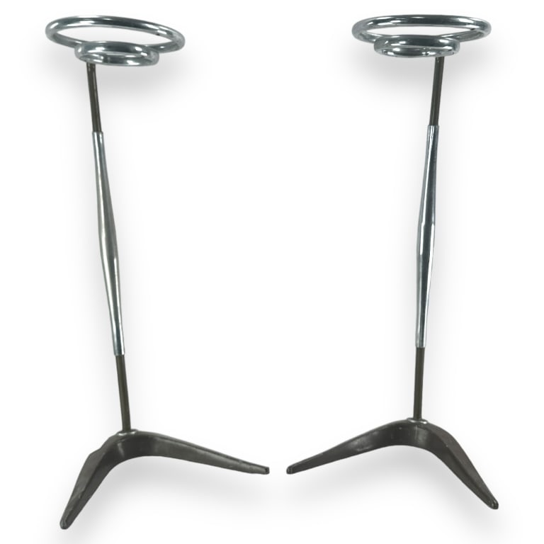 A pair of Art Deco industrial iron, steel (or possibly aluminum) and brass ashtray stands. No (1 of 2)