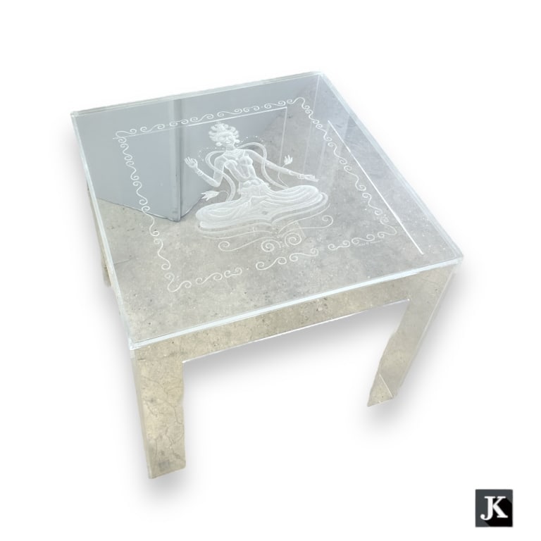A vintage clear acrylic reverse cut side table having a Buddhist female deity. No apparent markings.: A vintage clear acrylic reverse cut side table having a Buddhist female deity. No apparent markings. Measures approx. 16 1/4" height x 18" width x 18" depth. Appears in overall good condition. JD/B13