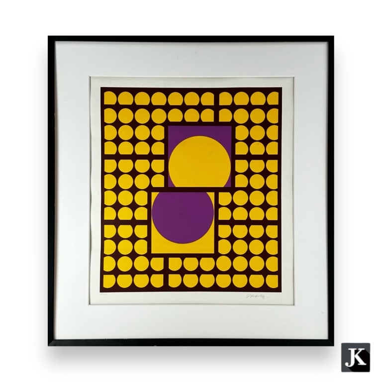 Victor Vasarely (HUNGARIAN / FRANCE, 1906 - 1997) geometric color lithograph on paper depicting: Victor Vasarely (HUNGARIAN / FRANCE, 1906 - 1997) geometric color lithograph on paper depicting circles in yellow and purple tones. Pencil titled "V.V.3" to lower left and hand pencil signed to lower