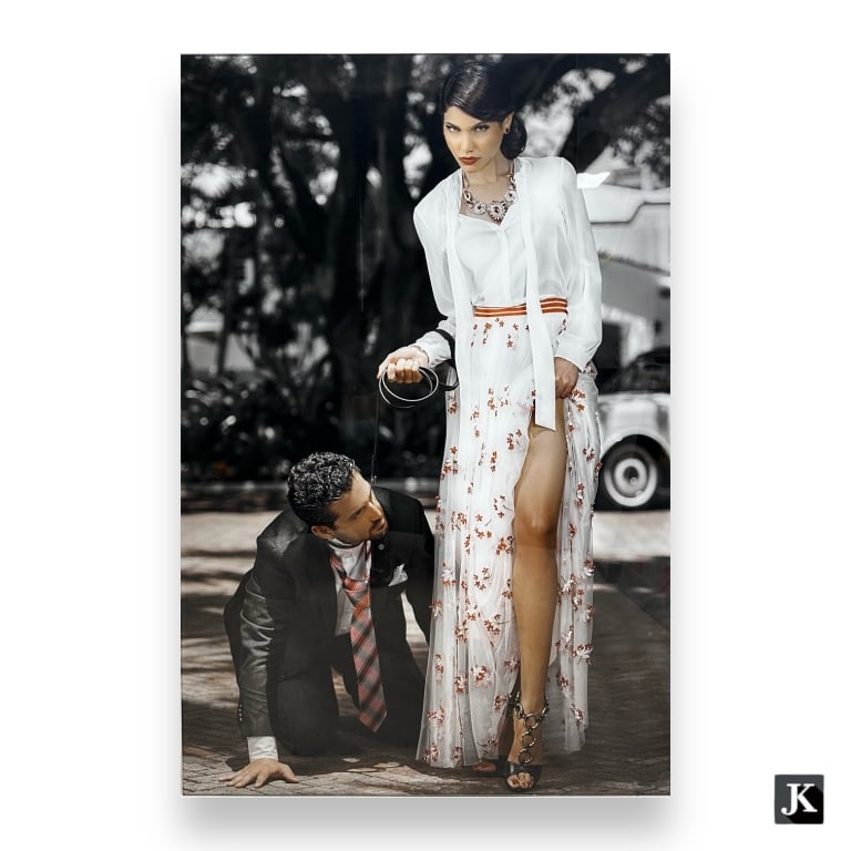 Large Whimsical Chromogenic Print Of Actors: A large chromogenic print depicting actors. Mounted in acrylic front aluminum back frame. Possibly Lawrence Schiller or Frank Worth?