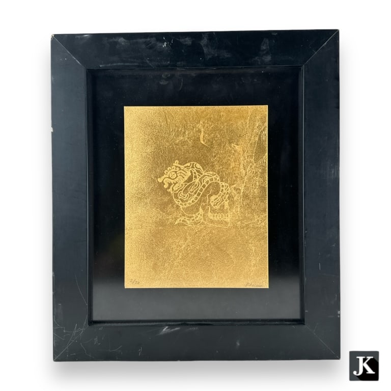 Demian Flores (MEXICAN, Born 1971) screen print on gold depicting a snake and skull. Hand signed to (1 of 5)