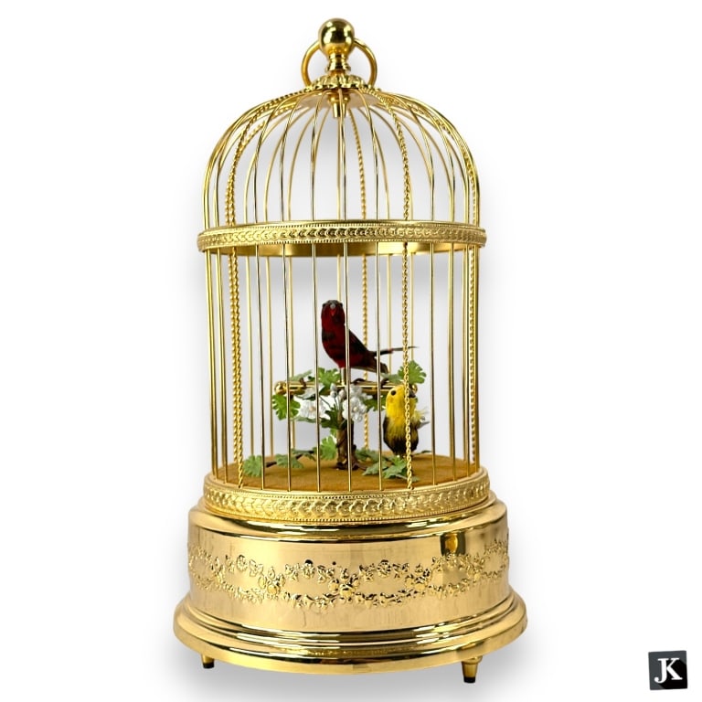 Vintage Reuge Swiss Movement Gold Gilded Brass Bird Cage Music Box with 2 Automation Singing Birds. (1 of 4)
