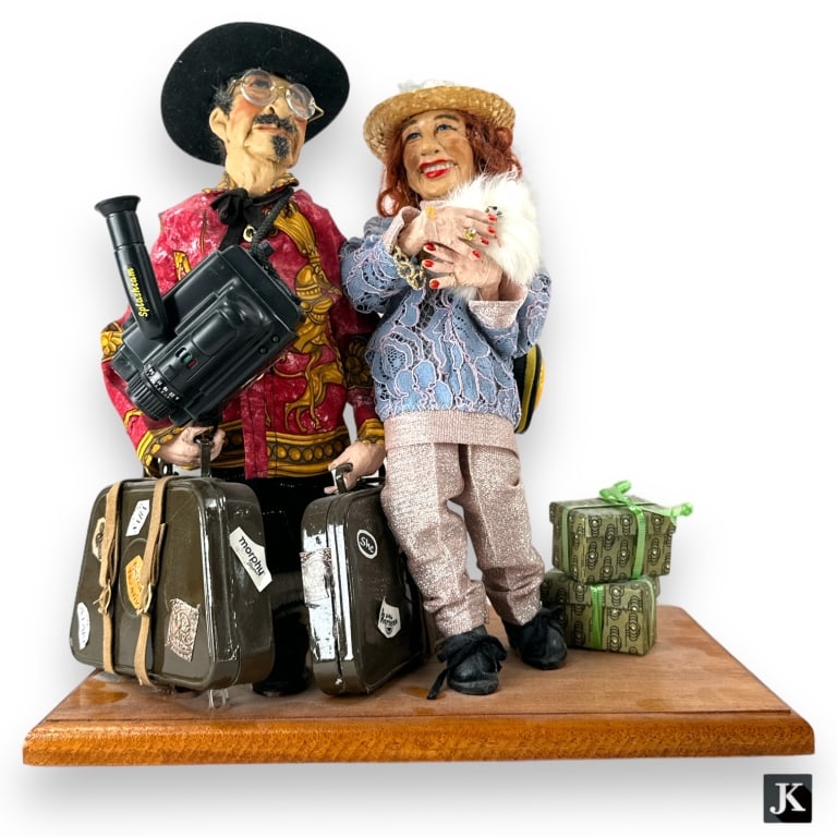 Magda Watts (Israeli, b.1928) Folk Art Sculpture. Tourists. Signed underside, handmade. Approx: 12"h: Magda Watts (Israeli, b.1928) Folk Art Sculpture. Tourists. Signed underside, handmade. Approx: 12"h x 14.5" l x 7.5"d. EF/B13/CB:B
