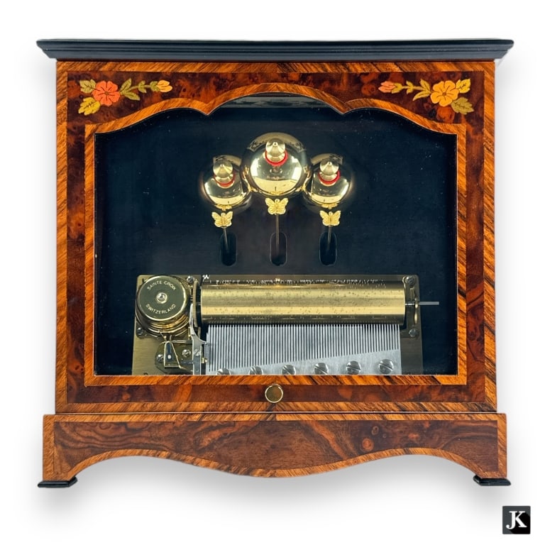 Vintage Reuge Music Box Floral Inlay Burl Walnut Butterfly Bells. Plays 3 songs. Made in circa 1970s (1 of 6)