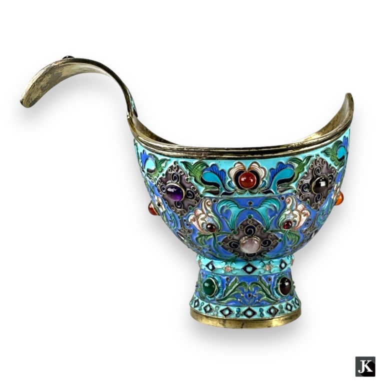 A stunning Russian kvosh crafted of 84 zolotnik silver featuring an intricate floral enameled (1 of 5)