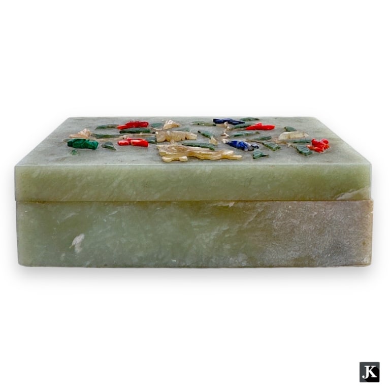 Vintage Chinese green jade rectangular covered box having a floral design with jade, lapis, red (1 of 3)