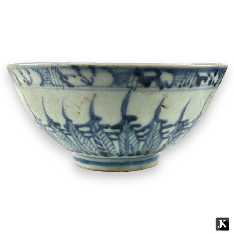 Antique Chinese hand painted blue and white glazed porcelain bowl having lotus leaf design to (1 of 4)