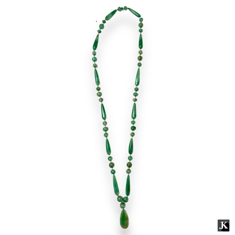 A vintage Chinese nephrite green jade beaded necklace with center pendant. Has white metal chain (1 of 2)