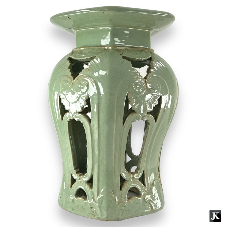 Antique Chinese celadon glazed porcelain garden seat pedestal stand having an openwork design with (1 of 3)