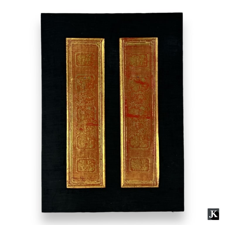 A pair of antique Mandalay / Burmese hand painted gold and iron red wooden Kammavaca manuscript wall (1 of 4)