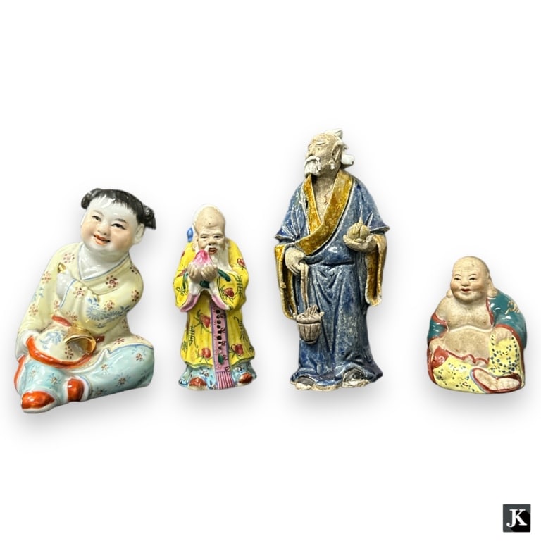 A lot of four vintage Chinese porcelain and mudman pottery sculptures depicting wise men, Hotei (1 of 3)