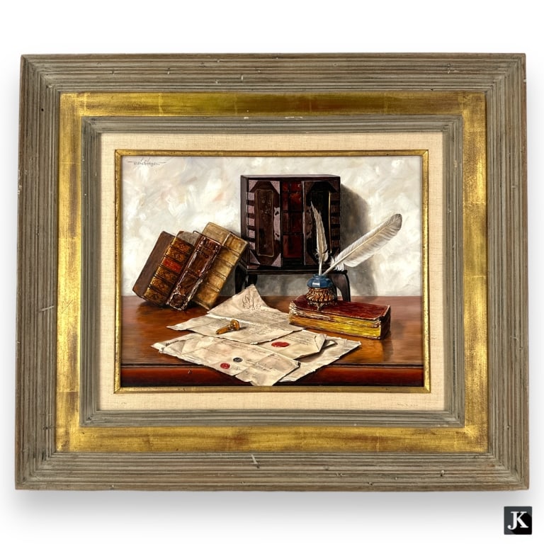 Oswald Eichinger (GERMAN, born 1915) still life oil painting on artist panel board depicting desk (1 of 4)