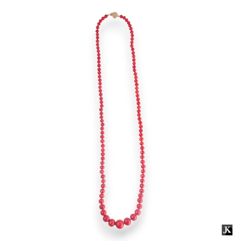 A vintage Chinese graduating red coral beaded necklace completed with a 14K yellow gold push button (1 of 4)