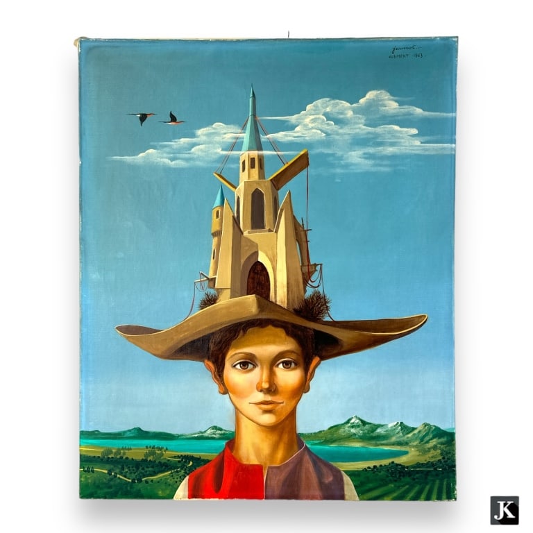 Jean-Pierre Clement (FRENCH, Born 1943) surrealist oil painting on canvas depicting the portrait of: Jean-Pierre Clement (FRENCH, Born 1943) surrealist oil painting on canvas depicting the portrait of a boy wearing a had. The hat is modeled as a castle. Signed to upper right and dated 1963. Unframed.