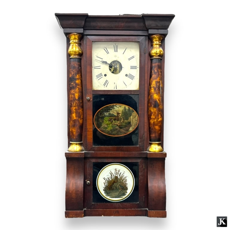 Antique Empire Style Seth Thomas Eight Day Weighted Wall Clock Crafted Of A Dark Mahogany Wood