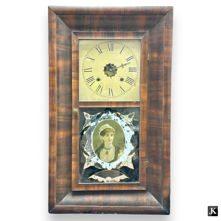 Antique Waterbury Eight Day Thirty horn mahogany wood wall clock of rectangular form. Completed with (1 of 3)