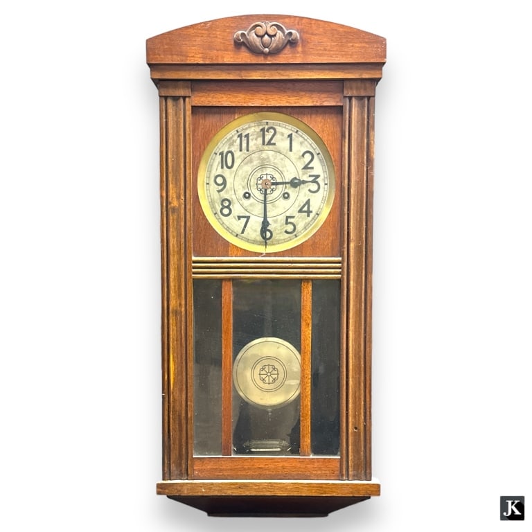 Antique Art Deco Era Mahogany Wood Case Wall Clock With Glass Paneling