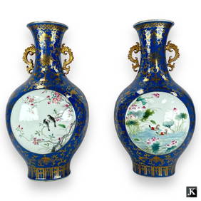 A pair of Chinese hand painted enameled Famille Rose porcelain vases having light blue glazed ground (1 of 4)