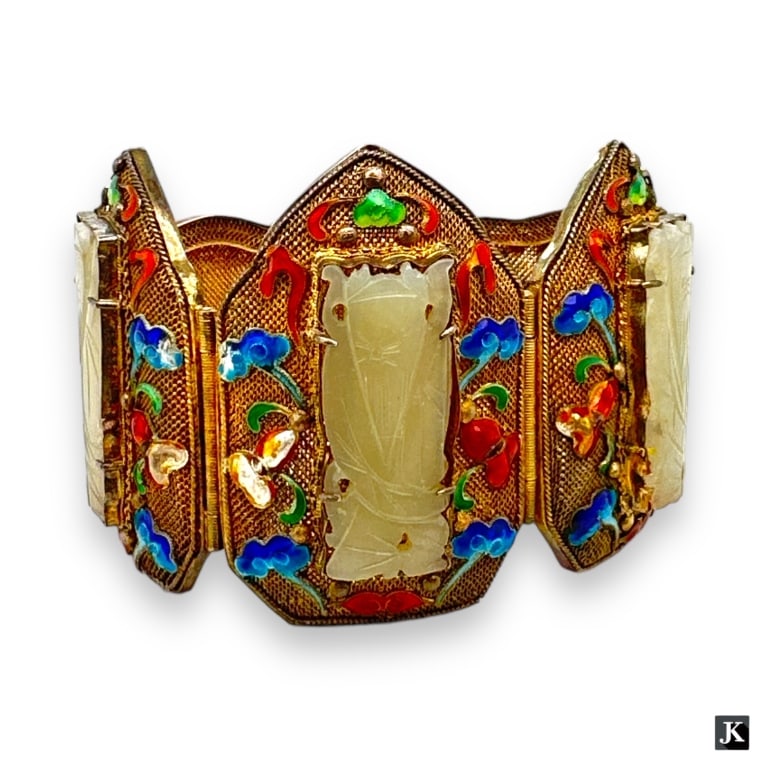 A vintage Chinese vermeil gold over silver wide mesh hinged panel bracelet featuring three inlaid (1 of 3)