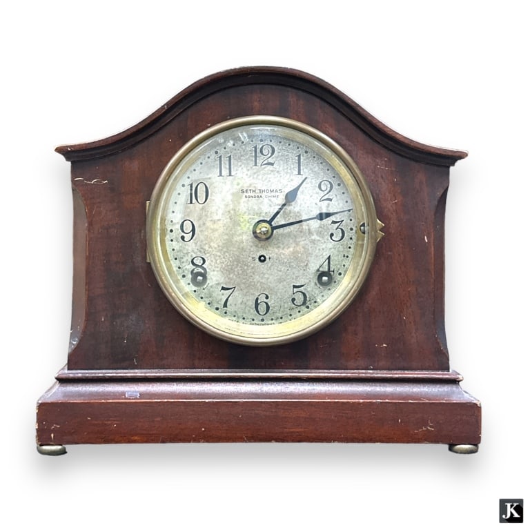 Antique Seth Thomas Sonora Chime mantel clock with mahogany wood case. Measures approx. 9 1/2" (1 of 4)