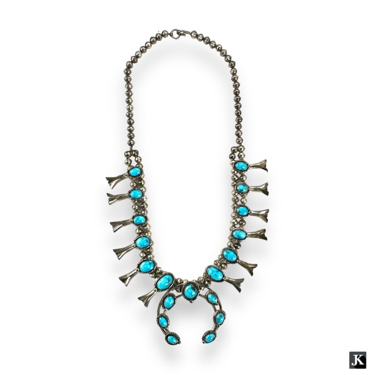 A vintage Native American Indian Southwestern sand cast sterling silver squash blossom necklace (1 of 2)