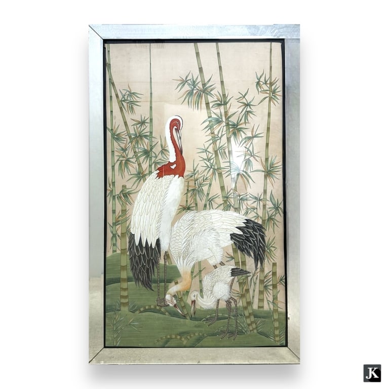 Vintage Chinese large watercolor work on silk depicting cranes amongst bamboo trees. No apparent (1 of 4)