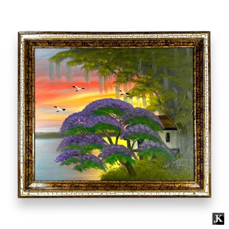 Al Black (b.1947) Florida Highwaymen O/B. Jacaranda Tree in sunset. Signed lower right. Approx: 25" (1 of 4)