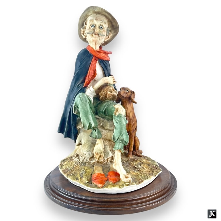 Vintage Capodimonte Italian ceramic large sculpture depicting a wino with dog. Blue crown over N (1 of 5)