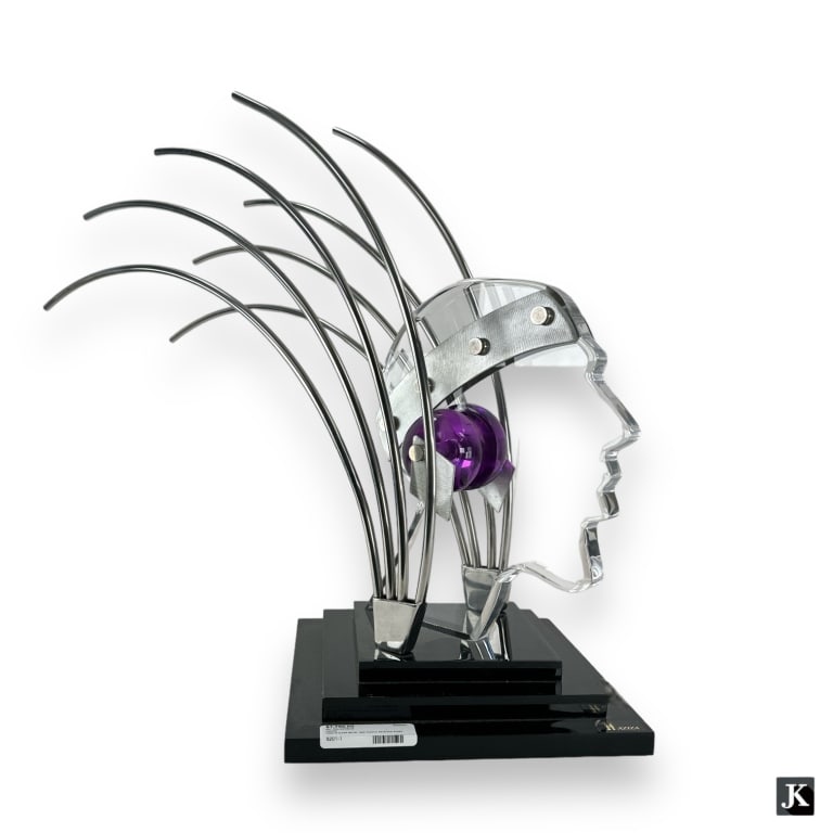 Shlomi Haziza (ISRAELI / UNITED STATES / NEW YORK, Born 1969) mixed media sculpture crafted of: Shlomi Haziza (ISRAELI / UNITED STATES / NEW YORK, Born 1969) mixed media sculpture crafted of acrylic and chromed metal. Mounted on a black lacquered tiered base. Signed to top of base and retains st