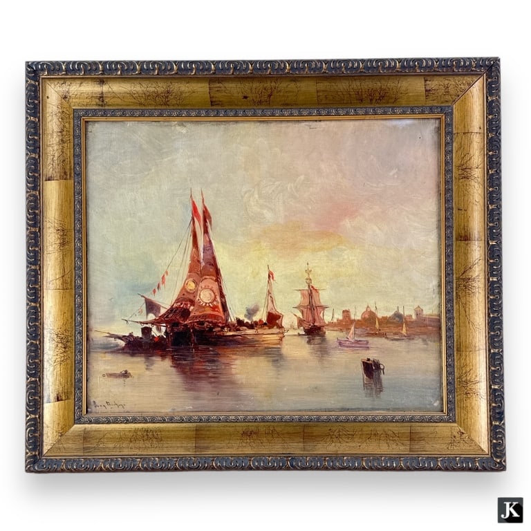 Antique 19th century signed Continental School oil painting on canvas depicting a coastal scene with (1 of 4)