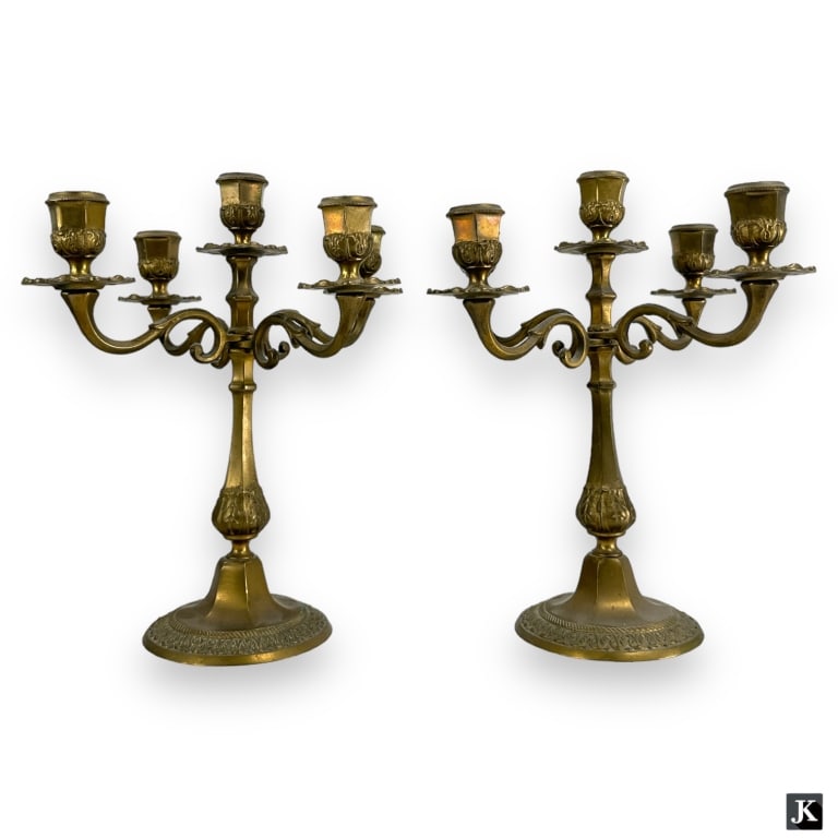 A pair of antique gilt metal five arm candelabra. Arms are hinged at center and can be collapsed. No (1 of 2)