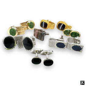 A lot of 7 pairs of vintage gent's cufflinks of gold and silver tone featuring stone inlaid designs. (1 of 3)