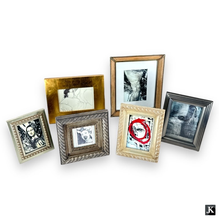 A collection of six various sketches, photographic prints and prints on paper in frames. Largest: A collection of six various sketches, photographic prints and prints on paper in frames. Largest measures approx. 12" height x 10" width overall including frame. One with back stand broken. JD/B15/SH: