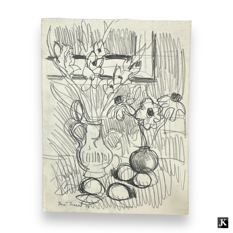 Rene Maral (FRENCH, 20th century) pencil drawing on paper depicting a still life scene with flowers.: Rene Maral (FRENCH, 20th century) pencil drawing on paper depicting a still life scene with flowers. Signed to lower left and dated 1954. Verso of paper has a sketch of the study of a kneeling nude fe