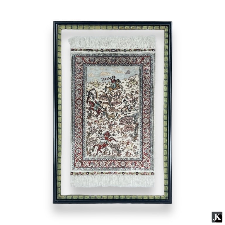 Vintage Persian woven silk miniature sample rug having a scenic design with hunters. Mounted in a (1 of 4)