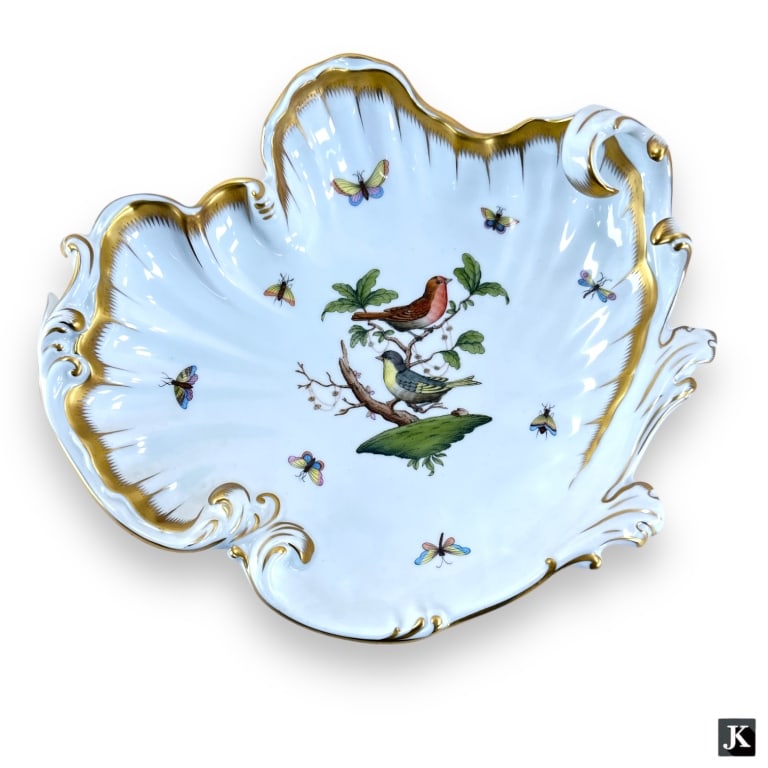 Herend Hungarian hand painted Rococo style scrolled serving dish / bowl in the "Rothschild" pattern (1 of 3)