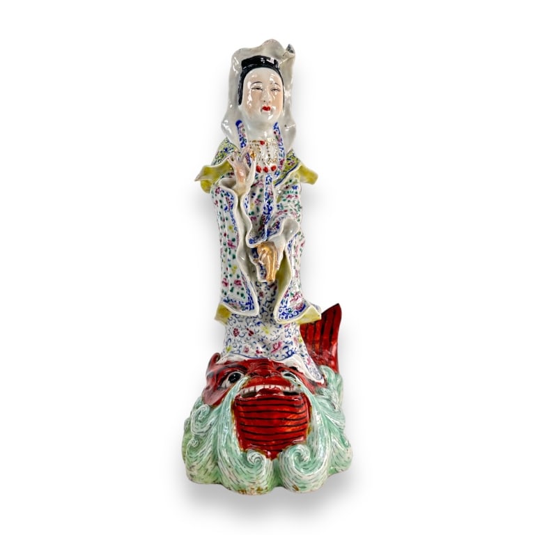 Antique Chinese hand painted Famille Rose Guan Yin sculpture having an unusual design depicting the: Antique Chinese hand painted Famille Rose Guan Yin sculpture having an unusual design depicting the deity on a mythological fish. No apparent marks. Measures approx. 11 5/8" height x 5" width x 6 1/2"