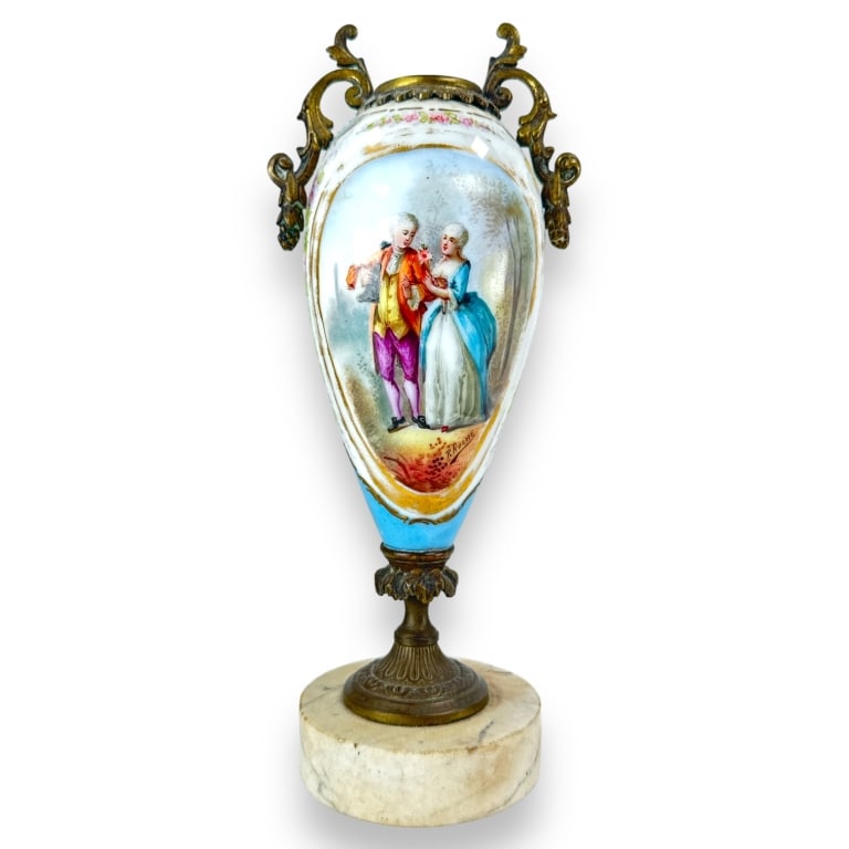 Antique Sevres porcelain hand painted vase depicting a courting couple signed P. Roche. Completed (1 of 4)