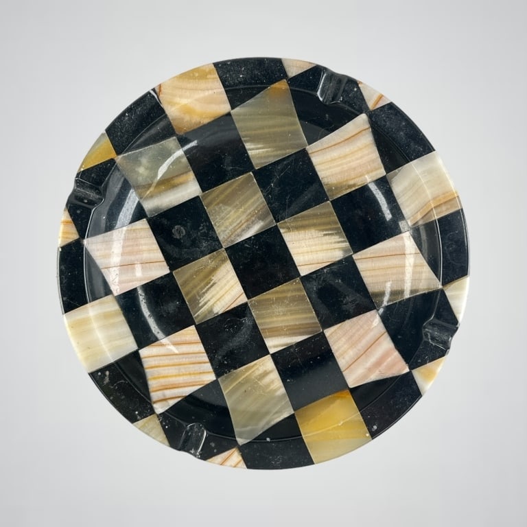 Vintage large round ashtray crafted of white and black onyx inlaid stone in a checkered pattern. No (1 of 3)