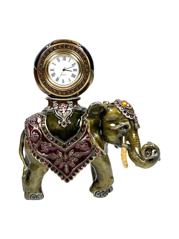 JAY STRONGWATER ISHMEL ELEPHANT ENAMEL FIGURE WITH CLOCK WITH ENAMEL AND SWARVOSKI CRYSTALS. (1 of 7)