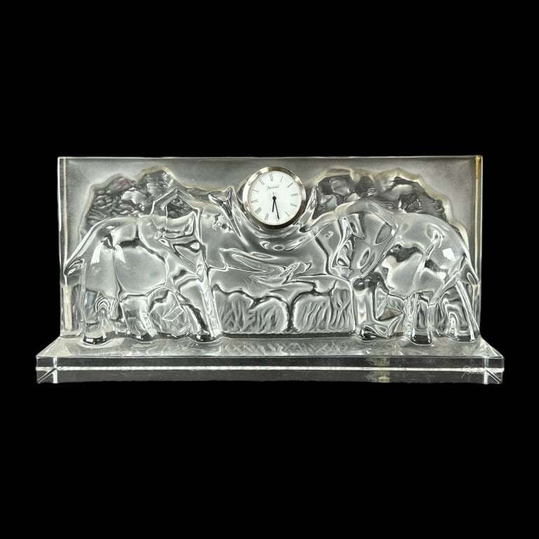 Baccarat France Crystal Safari Elephants Clock. Baccarat French crystal clock depicting two (1 of 4)