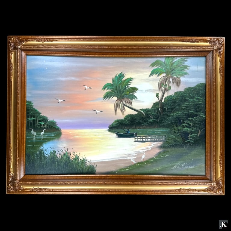 Al (Blood) Black (AMERICAN / FLORIDA / MISSISSIPPI, Born 1947) original Florida Highwaymen oil: Al (Blood) Black (AMERICAN / FLORIDA / MISSISSIPPI, Born 1947) original Florida Highwaymen oil painting on masonite board depicting a cove scene with flisherman and birds. Signed to lower right. Mount