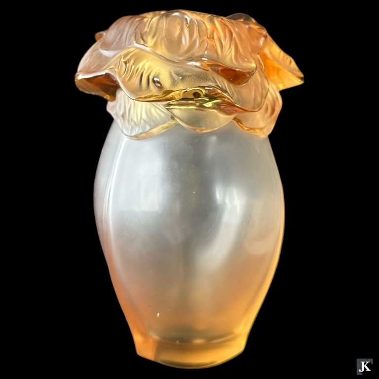 Lalique French "Saint Barth" amber glass floral vase. Signed "Lalique (C) France" to bottom. Retains (1 of 4)